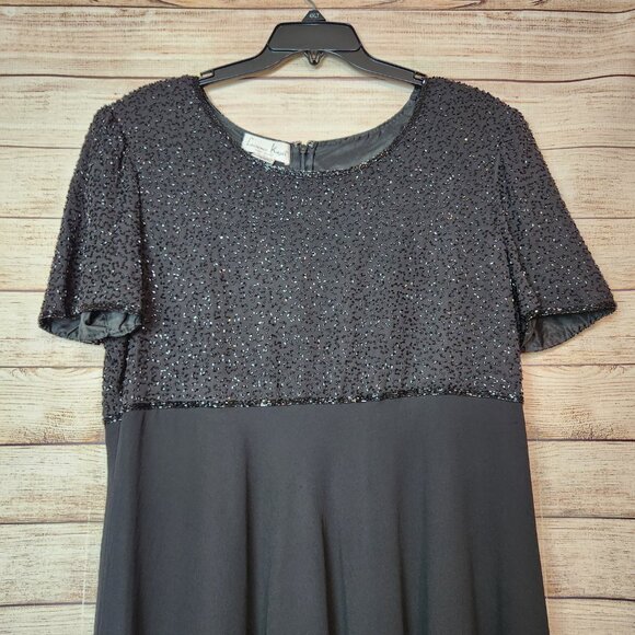 VINTAGE Laurence Kazar Dress Women's 2X Black Beaded Sequin A Line Evening Midi - Picture 2 of 16